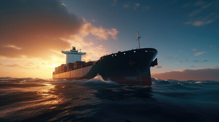 Fototapeta premium A looming cargo ship ascends slowly towards the horizon its steel hull blueblack against the vast backdrop of shimmering ocean waves.