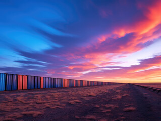 A long chain of cargo containers stretched across a desert the indigo sky painted with the streaks of a vibrant sunset.