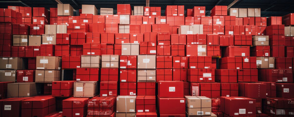 An organized grid formation of boxes lining a warehouse their bright red labels indicating the shipment route that will take them to different locations around the globe.
