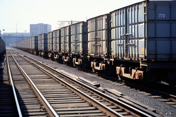 Obraz premium The hustle and bustle of a large freight transport yard dozens of long metal trailers moving in and out of the facility as they are loaded up with goods to be sent elsewhere.