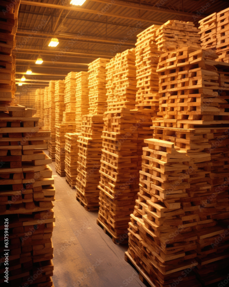 Poster an immeasurable amount of pallets piled up onto one another forming neat squares and pyramids that b