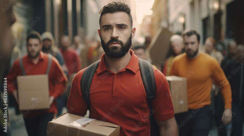 Poster a delivery worker is carrying a package in one hand and a delivery list in the other. he is walking 