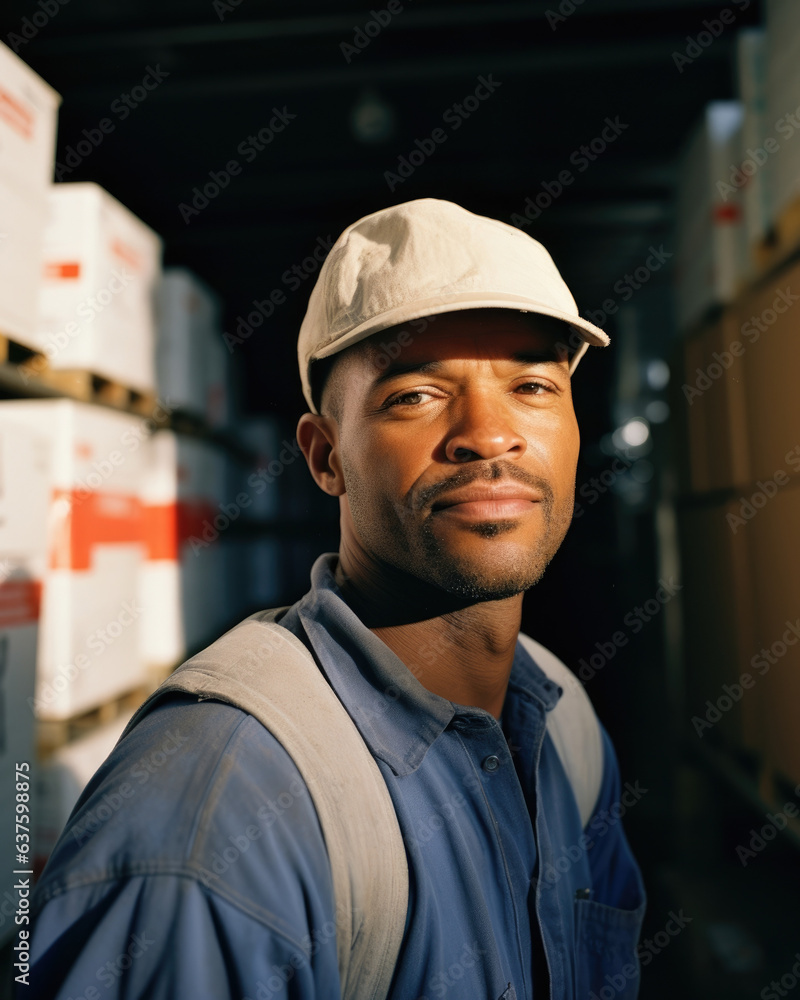 Poster a tiredlooking worker lugging a heavy box along the loading dock sweat glistening on their forehead 
