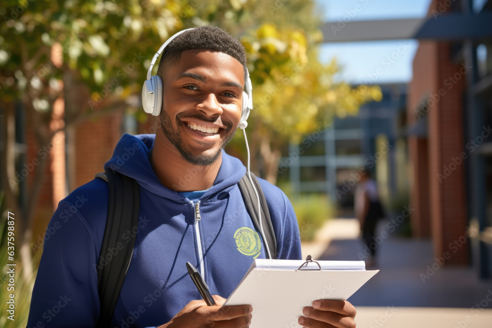 Poster a smiling young man with a headset on talking about the merits of different routes and locations whi