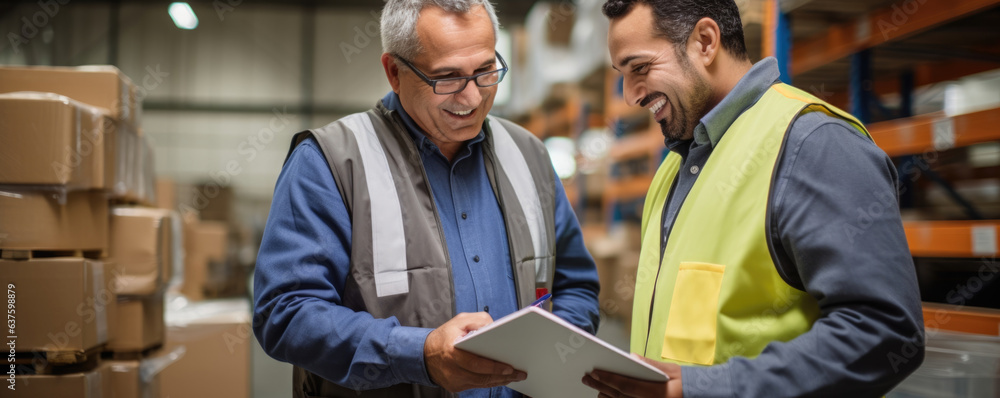 Poster an older worker checking off items on a list before signing a contract and handing it back to a cust