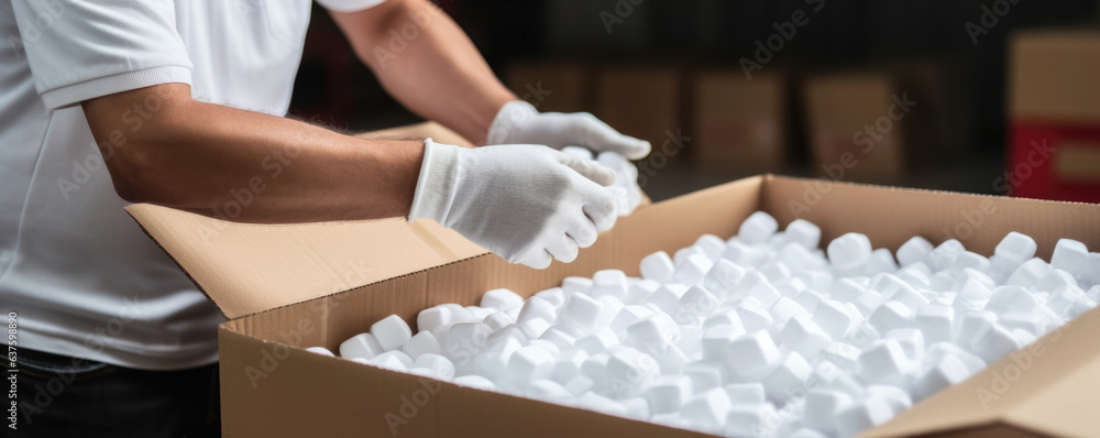 Poster a worker is carefully packing a fragile item in styrofoam peanuts before placing it inside the shipp