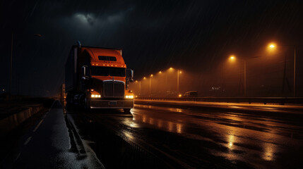 A bright orange freight truck rumbles into the night. Its bulky frame casts a deep shadow on the lonely road in front of it the forks and support beams ting into the darkness like a spectacle in