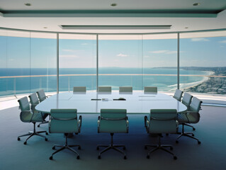 A wellmanaged boardroom where corporate exeives look out over the sea of cubicles below.