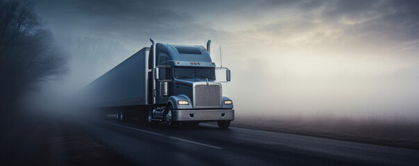 A gleaming steel freight truck stands in stark contrast against the soft morning mist. Its windows are covered with a thick sheet of dew and its contours grow hazy in the fog.