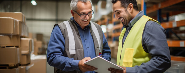 An older worker checking off items on a list before signing a contract and handing it back to a customer with a friendly smile.