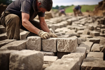 A middle aged stonemason stands ast a sea of stones seemingly tens of thousands of them partially cleared to create an orderly pile. The mans strong arms and back strain from the labor of hefting