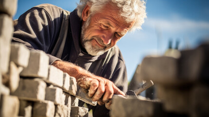 A middle aged stonemason takes a moment to admire his handiwork a large wall of blocks and stones almost complete. His face is a picture of satisfaction one of the many joys of the craft - obrazy, fototapety, plakaty