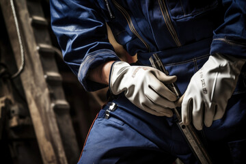 Fototapeta premium A skilled pipefitter wearing a white and navy jumpsuit holding a set of pliers and making subtle tweaks in the depths of a complicated metallic construction. The depth of the image creates a sense