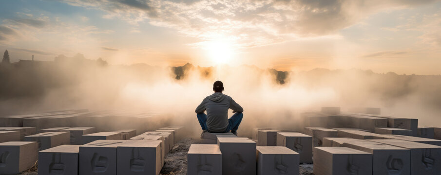 A Construction Laborer squats in the center of a pile of cinder blocks surrounded by the sound of carpentry. The morning light is just beginning to break through the clouds illuminating the partially
