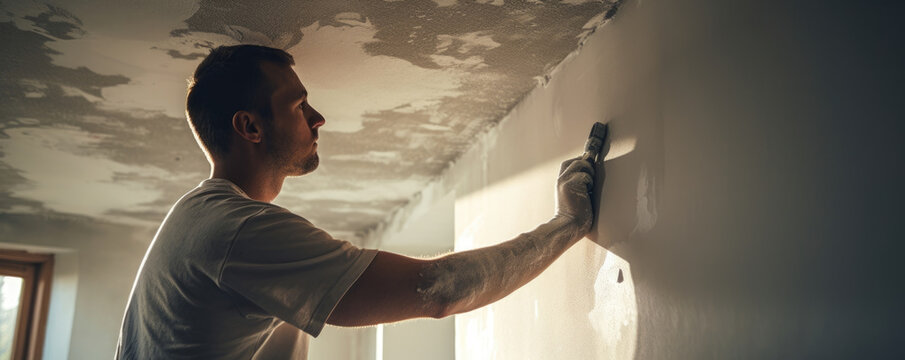 Working alone in the shadows a plasterer applies plaster to the ceiling with an expert touch a deep sense of satisfaction evident in their focus.