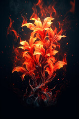 Fototapeta premium abstract lily bloom in fire with orange flame on black background, created with Generative AI Technology.