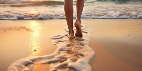 Wet shoreline sand with barefoot prints. Closeup back view photograph woman legs walking barefoot along a beautiful beach.