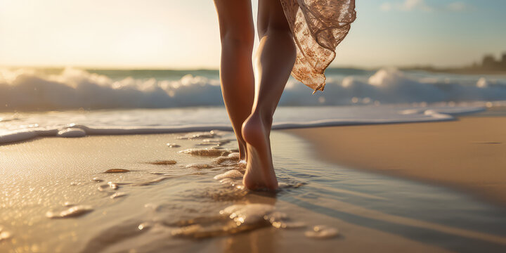 Wet shoreline sand with barefoot prints. Closeup back view photograph woman legs walking barefoot along a beautiful beach. 