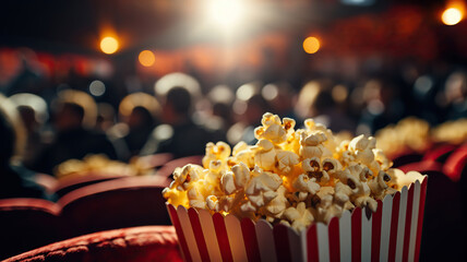 Popcorn set against the background of cinema audience seats - obrazy, fototapety, plakaty