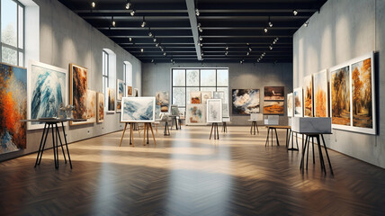 An art exhibition featuring paintings displayed within an impressive interior