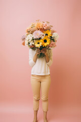 portrait of a young woman hiding behind a lush bouquet of different flowers. the girl holds buds and flowers in hands.
