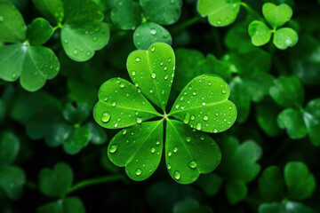 four leaf clover texture with rose drops. St.Patrick 's Day. green, herbal background. lawn or garden