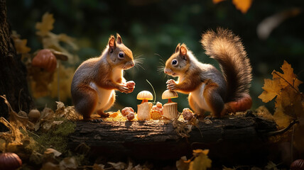 Squirrels actively foraging for nuts and seeds