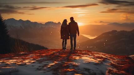 young couple in love in winter in a snowy forest - obrazy, fototapety, plakaty