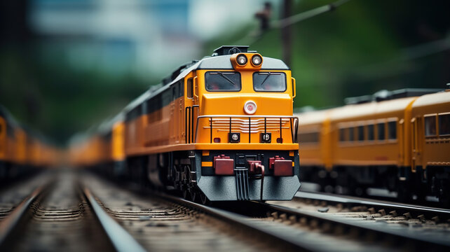 Toy trains are in motion on the tracks