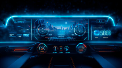 Autonomous futuristic car dashboard concept with HUD and hologram wide screens with car steering wheel. Industrial design concept. Generative Ai