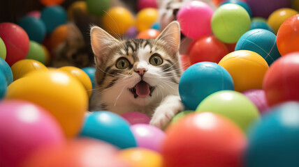 Playful cats having a ball in a pit filled with vibrant spheres