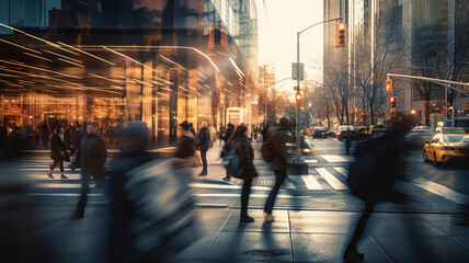 Blurred motion highlights the bustling pedestrians at crosswalks - obrazy, fototapety, plakaty