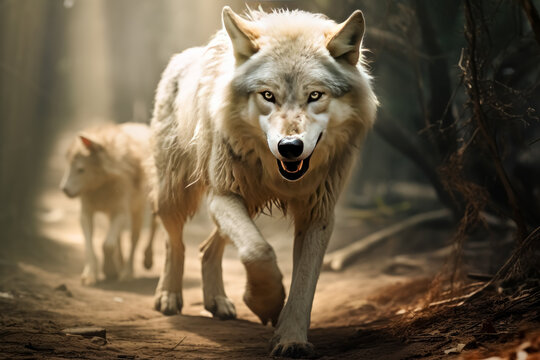 A white wolf is standing looking at his young cub in the woods with dramatic lighting. Wolf pack strolling the forest.  