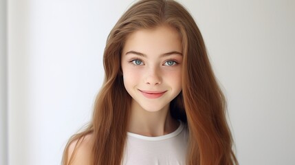 Fototapeta premium Smiling woman with long blond hair and captivating eyes, exuding beauty and glamour in a close-up studio portrait