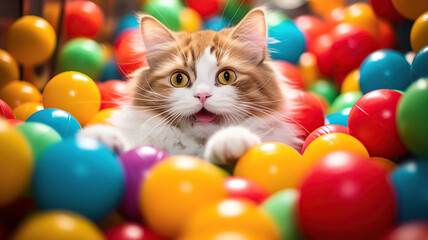 Joyful cats jumping and rolling in a pit of colorful balls - obrazy, fototapety, plakaty