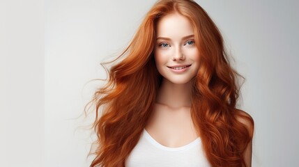 Fototapeta premium Smiling Blonde Woman with Long Hair in Fashion Portrait