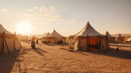 Traditional Bedouin-style tents set in the heart of the desert - obrazy, fototapety, plakaty