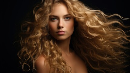 Fototapeta premium Golden Curls: A captivating portrait of a young woman with voluminous, flowing blonde curls, her gaze intense and mesmerizing against a dark backdrop.