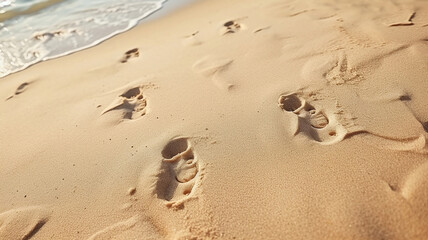 Fototapeta na wymiar Footprints mark the sandy beach under a clear blue sky