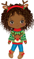 Vector Cute Little African American Girl in Christmas Sweater