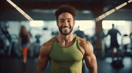 Muscular African American man in green sportswear, fitness trainer smiling and looking at the camera on the background of the gym. The concept of a healthy lifestyle and sports. - obrazy, fototapety, plakaty
