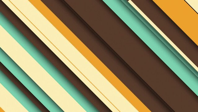 Trendy retro 1970s striped pattern background with gently moving extruded diagonal stripes in warm vintage color tones. This simple abstract motion background animation is 4K and a seamless loop.