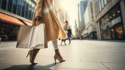 Motion-blurred depiction shows women shoppers with shopping bags on the street