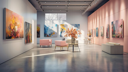 Art exhibition with an impressive interior showcasing paintings