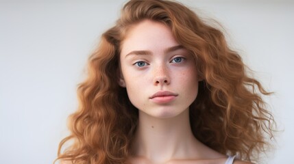 Naklejka premium Radiant Redhead: Portrait of a captivating young woman with flowing auburn hair, striking blue eyes, and a natural, fresh beauty that exudes confidence and serenity.