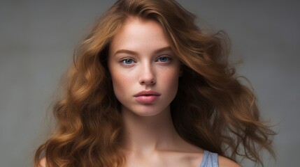 Fototapeta premium Captivating Gaze: A young woman with auburn hair flowing freely exudes captivating confidence, her piercing blue eyes holding a mesmerizing depth. The subtle lighting enhances her natural beauty.