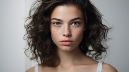 A close-up studio portrait of a brunette model with long curly hair and dramatic makeup, looking confidently at the camera with a touch of a smile