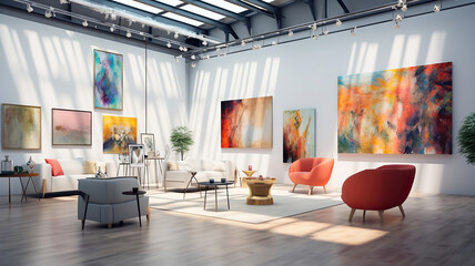 An art exhibition featuring paintings displayed within an impressive interior - obrazy, fototapety, plakaty