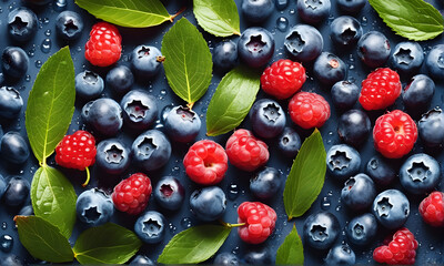 Food photography background banner panorama long texture seamless pattern - Summer fruits blueberry...