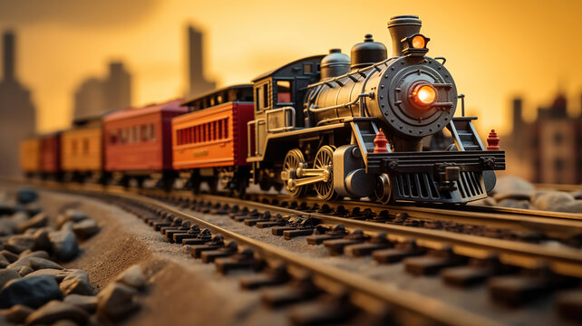 Toy trains are in motion on the tracks